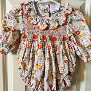 Stitchy Fish Pumpkin Blooms Smocked Bubble, 9M